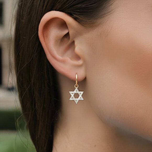 Star of David 14K (or 18k upon request) Gold Diamond Hoop Earrings - Picture 3 of 4